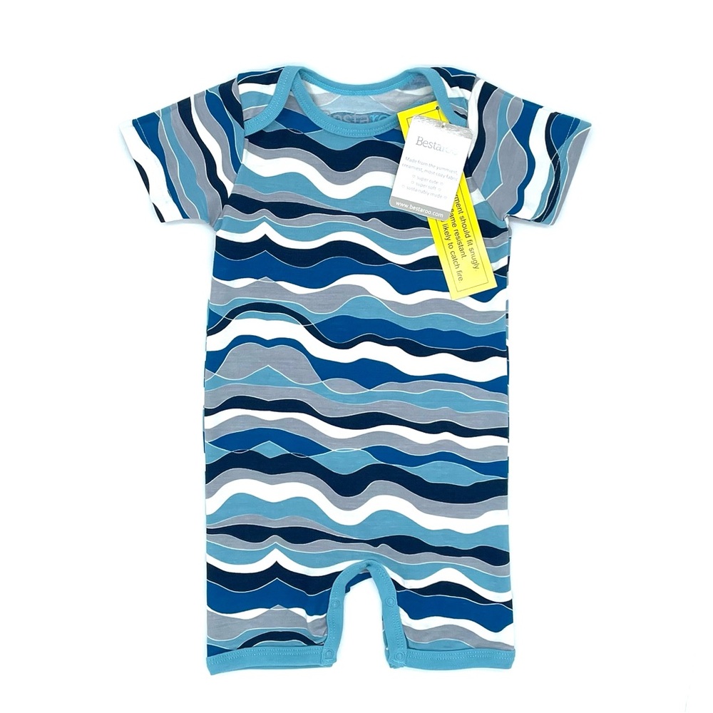 NWT Bestaroo Blue Waves Modal Short Sleeve Shortall Romper 12-18M